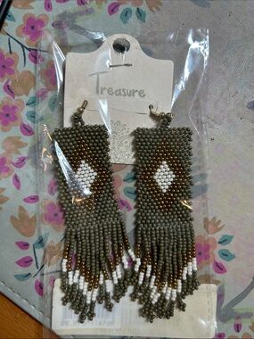 NEW Olive Green Beaded Fringe Earrings